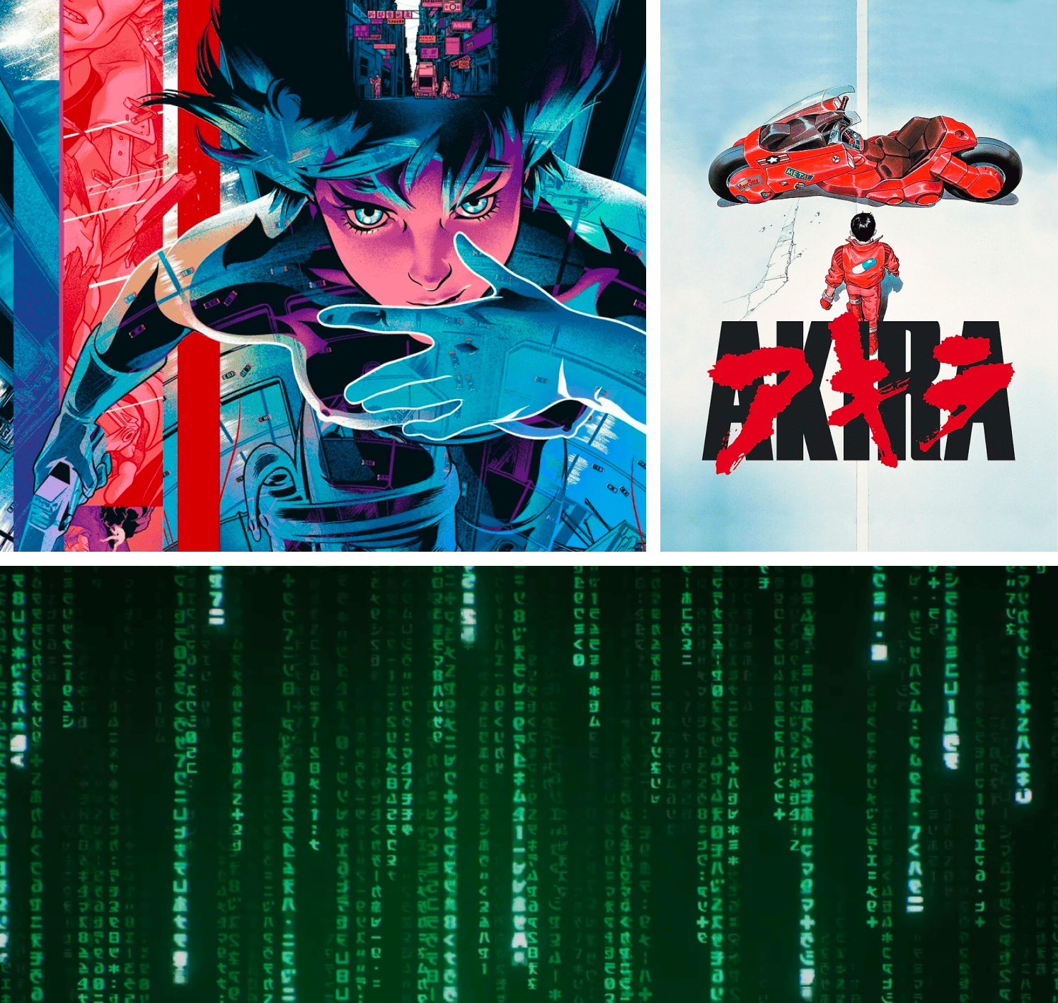 A scene from Ghost in the Shell (1995) with the Major cloaking with thermoptic camouflage; the poster for Akira; The Matrix's digital rain effect